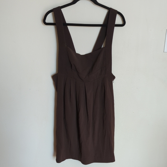 Black Halo Mini Bib Style Dress Brown Cross Straps Pleated Size L - Picture 1 of 4